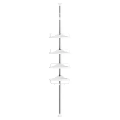 étagère De Douche Télescopique, Avec 4 Tablettes, 3 Crochets, Acier Inoxydable, Blanc Et Argent