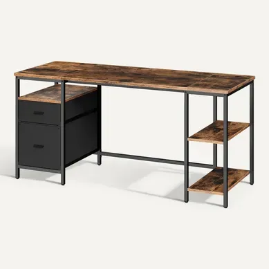 Bureau D’ordinateur, 3 étagères, 2 Tiroirs, 160 X 60 X 76 Cm, Pour Bureau, Salon, Marron Et Noir Bureau D’ordinateur, 3 étagères, 2 Tiroirs, 160 X 60 X 76 Cm, Pour Bureau, Salon, Marron Et Noir