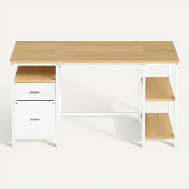Bureau D’ordinateur, 3 étagères, 2 Tiroirs, 140 X 60 X 76 Cm, Couleur Chêne Naturel Et Blanc