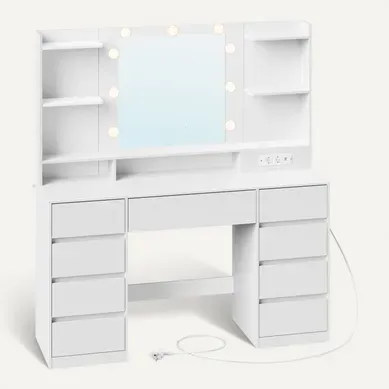 Coiffeuse Avec Miroir LED, Multiprise, 9 Tiroirs, 9 Ampoules, éclairage 3 Couleurs, Blanc Coiffeuse Avec Miroir LED, Multiprise, 9 Tiroirs, 9 Ampoules, éclairage 3 Couleurs, Blanc