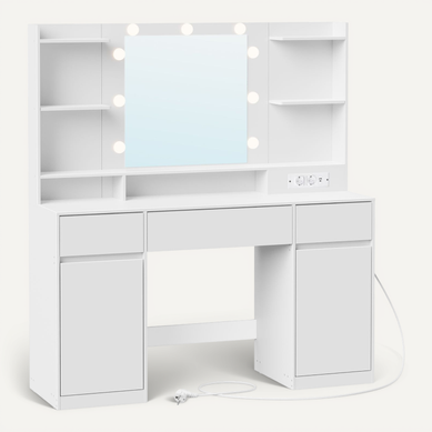 Coiffeuse Avec Miroir LED, Multiprise, 2 Placards, 9 Ampoules, éclairage 3 Couleurs, Blanc