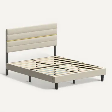 Cadre De Lit, Lit Double, Matelas De 140 X 190 Cm, Tête De Lit Rembourrée Ajustable, Moderne, Beige Cadre De Lit, Lit Double, Matelas De 140 X 190 Cm, Tête De Lit Rembourrée Ajustable, Moderne, Beige