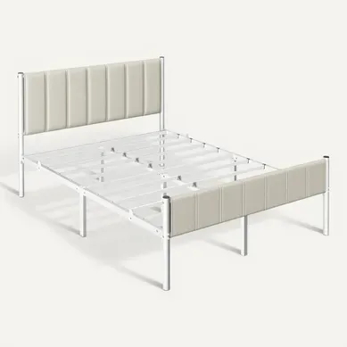 Cadre De Lit Double, 140 X 190 Cm, Avec Tête De Lit Rembourrée, Supporte Jusqu'à 500 Kg, Beige