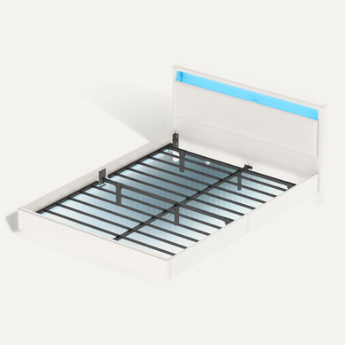 Lit Double, 160,1 X 200,1, Effet Flottant, Avec éclairage LED, Tête De Lit Haute, Multiprise, Blanc