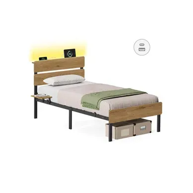 Lit enfant, 90 X 190 Cm, En Métal, éclairage LED, Port USB Et Type-c, Marron Lit enfant, 90 X 190 Cm, En Métal, éclairage LED, Port USB Et Type-c, Marron