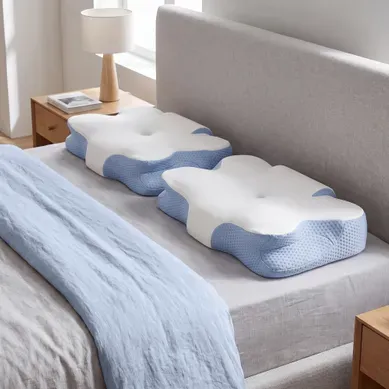 Oreiller Mémoire De Forme, Ergonomique, Toucher Frais, Ajustable En Hauteur, Blanc Et Bleu