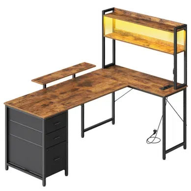 Bureau Gamer En L Avec LED Et Prises, 3 Tiroirs, Support écran, 160 X 100 X 150 Cm, Marron Rustique Bureau Gamer En L Avec LED Et Prises, 3 Tiroirs, Support écran, 160 X 100 X 150 Cm, Marron Rustique