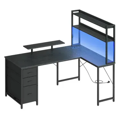 Bureau Gamer En L Avec LED Et Prises, 3 Tiroirs, Support écran, 160 X 100 X 150 Cm, Noir Bureau Gamer En L Avec LED Et Prises, 3 Tiroirs, Support écran, 160 X 100 X 150 Cm, Noir