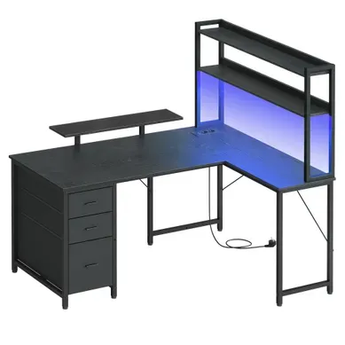 Bureau D'angle Gamer Avec LED, Prises USB Et 3 Tiroirs, 140 X 100 X 150 Cm, Noir Bureau D'angle Gamer Avec LED, Prises USB Et 3 Tiroirs, 140 X 100 X 150 Cm, Noir