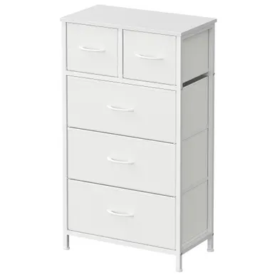 Commode, 5 Tiroirs En Tissu Non-tissé, Pour Chambre, Blanc Commode, 5 Tiroirs En Tissu Non-tissé, Pour Chambre, Blanc