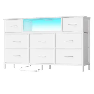 Commode Avec 8 Tiroirs, Support TV Avec LED Et Multiprise, 113,8 X 30 X 68,1 Cm, Blanc Commode Avec 8 Tiroirs, Support TV Avec LED Et Multiprise, 113,8 X 30 X 68,1 Cm, Blanc