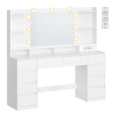 Coiffeuse Avec Miroir éclairé LED Et Prises, 10 Tiroirs, 137 X 40 X 144,3 Cm, Blanc Coiffeuse Avec Miroir éclairé LED Et Prises, 10 Tiroirs, 137 X 40 X 144,3 Cm, Blanc