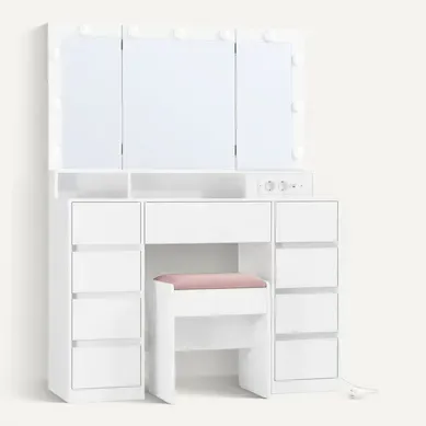 Coiffeuse Avec Tabouret, 9 Tiroirs, éclairage LED, Multiprise, Blanc Et Rose