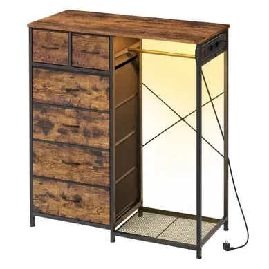 Commode 3 En 1 Avec Portant à Vêtements, 6 Tiroirs, LED Et Prises, 102,7 X 35 X 117,6 Cm, Taupe Commode 3 En 1 Avec Portant à Vêtements, 6 Tiroirs, LED Et Prises, 102,7 X 35 X 117,6 Cm, Taupe