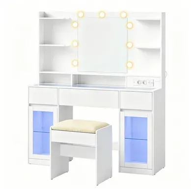 Coiffeuse Avec Tabouret, Miroir LED Rgb, Prises, Rangements, Style Moderne, Blanc