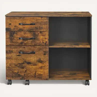 Caisson, Mobile, Meuble à 3 Tiroirs, Support Imprimante,style Industriel, Marron Et Noir