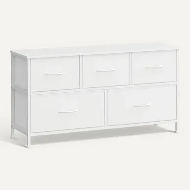 Commode, 5 Tiroirs En Tissu Non-tissé, Pour Chambre, Blanc Commode, 5 Tiroirs En Tissu Non-tissé, Pour Chambre, Blanc