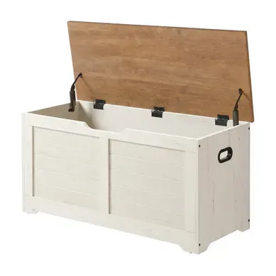 Coffre De Rangement, Banc à Chaussures Avec Charnières De Sécurité, Blanc Et Marron Coffre De Rangement, Banc à Chaussures Avec Charnières De Sécurité, Blanc Et Marron