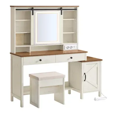 Coiffeuse Avec Miroir Et éclairage, Tabouret, Station De Charge, 2 Tiroirs, Rangement Pour Bijoux