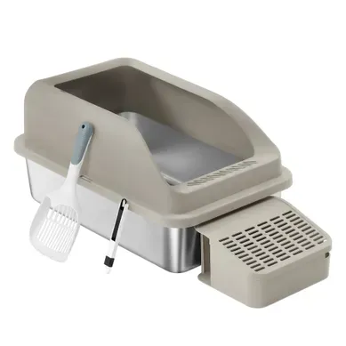 Bac À Litière Chat XXL Ouvert En Inox Avec Bords Hauts Et Pelle 62 X 42 X 30 Cm Taupe