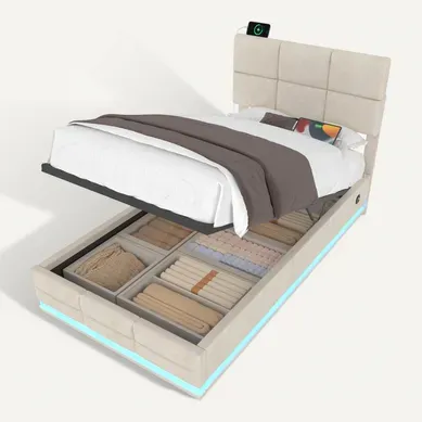 Lit Coffre 1 Places 90x200cm Relevable Hydraulique Velours USB-led Tête Lit Réglable Hauteur Beige