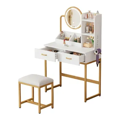 Coiffeuse LED 80×40×138cm 2 Tiroirs 2 étagères Ouvertes Prise électrique-support Cadre Métal Blanc Coiffeuse LED 80×40×138cm 2 Tiroirs 2 étagères Ouvertes Prise électrique-support Cadre Métal Blanc