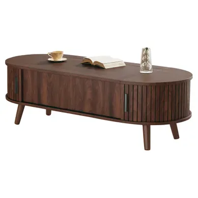 Table Basse Salon 120 Cm - 2 Portes Coulissantes Et Plateau Élévateur - Noyer Table Basse Salon 120 Cm - 2 Portes Coulissantes Et Plateau Élévateur - Noyer