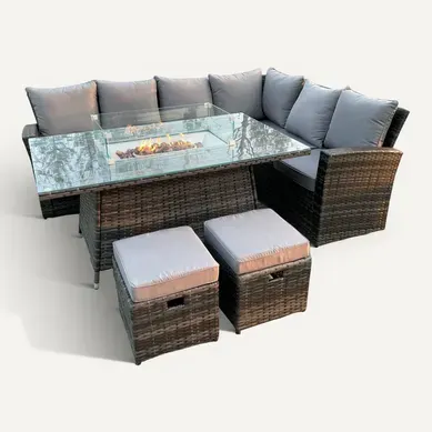 Salon De Jardin En Rotin Avec Canapé Table De Foyer à Gaz Tabourets Mélange Gris Foncé Salon De Jardin En Rotin Avec Canapé Table De Foyer à Gaz Tabourets Mélange Gris Foncé