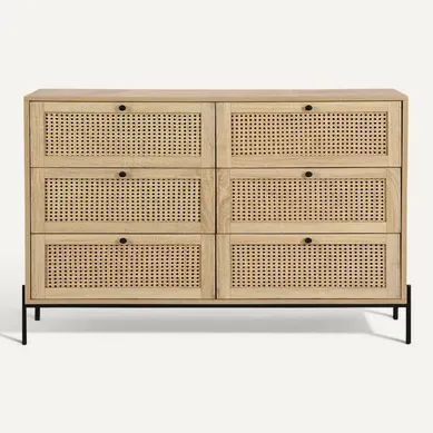 Commode 6 Tiroirs En Cannage Naturel Et Effet Chêne 120 Cm - Iris Commode 6 Tiroirs En Cannage Naturel Et Effet Chêne 120 Cm - Iris