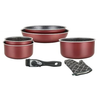 Batterie De Cuisine Revêtement Pierre Avec Manche Amovible 7 Pièces Bordeaux  Hg8053-br