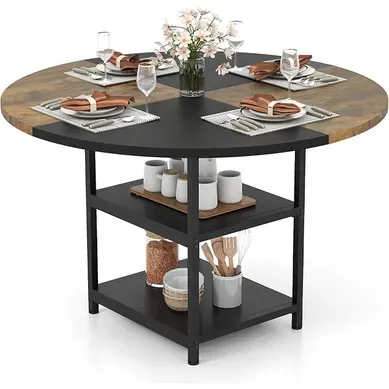 Table À Manger Ronde Pour 4-6 Personnes, Bois, 2 étagères, Pieds Métal, Bicolore Table À Manger Ronde Pour 4-6 Personnes, Bois, 2 étagères, Pieds Métal, Bicolore