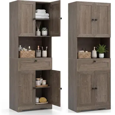 Armoire De Salle De Bains,armoire Haute En Bois Avec 4 Portes,1 Tiroir,étagère Réglable(gris) Armoire De Salle De Bains,armoire Haute En Bois Avec 4 Portes,1 Tiroir,étagère Réglable(gris)