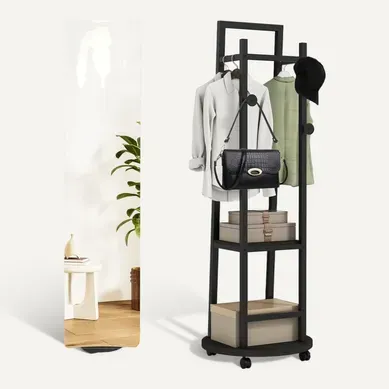 Miroir Sur Pied,grand Miroir Avec Porte-manteau,4 Roues Pivotantes à 360°,3 Crochets,45x135cm,noir