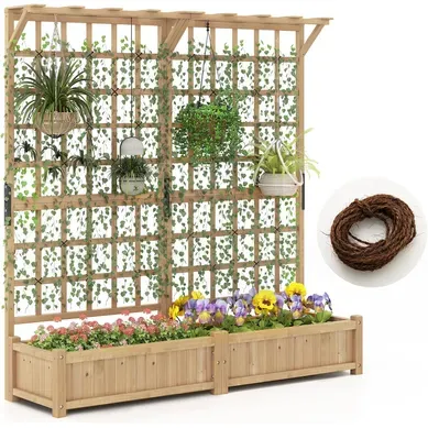 Jardinière Avec 2 Treillis 2 Bacs Toit Suspendu En Bois, Lit De Jardin, Naturel (180 X 48 X 183 Cm) Jardinière Avec 2 Treillis 2 Bacs Toit Suspendu En Bois, Lit De Jardin, Naturel (180 X 48 X 183 Cm)