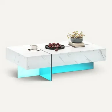 Table Basse LED Moderne, Table De Salon Brillante Avec 3 Tiroirs, Imitation Marbre (blanc) Table Basse LED Moderne, Table De Salon Brillante Avec 3 Tiroirs, Imitation Marbre (blanc)