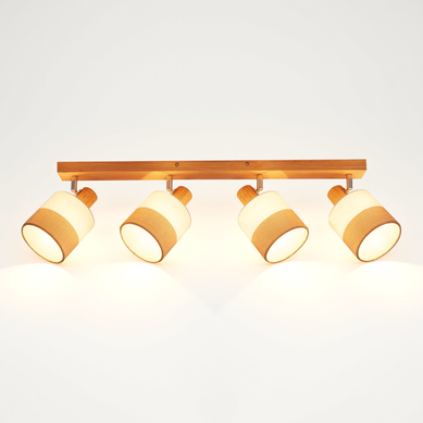 Plafonnier Spot 4 Flammes Bois - Plafonnier Vintage E14 Abat-jour Tissu Rétro Orientable 350°