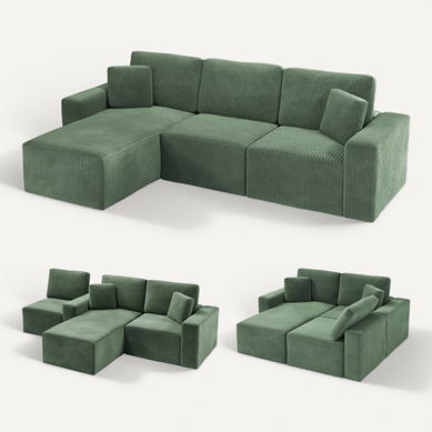 Canapé D'angle Modulable 3 Places - 254x160x87 Cm - Velours Côtelé - Vert
