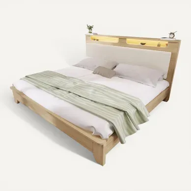 Lit Double 180x200 Cm Avec Tête De Lit Rangement - LED Et Dossier Velours Côtelé Beige - Chêne Clair Lit Double 180x200 Cm Avec Tête De Lit Rangement - LED Et Dossier Velours Côtelé Beige - Chêne Clair