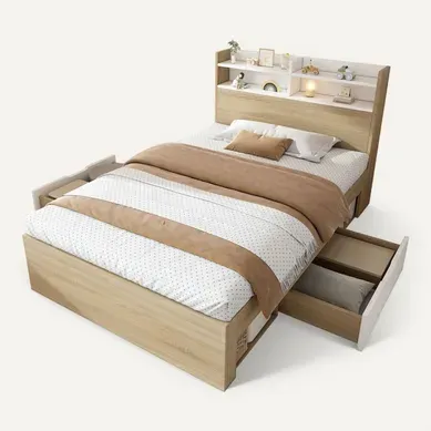 Lit Coffre Simple  90x190 Cm Avec Rangement - Tête De Lit Avec Niches, 2 Tiroirs- Bois Massif- Blanc