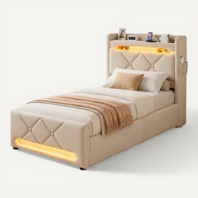 Lit Coffre 90x200 - Lit Simple Avec Rangement 3 Niveaux, LED 360°, 3 USB + USB-c, Tissu Lin - Beige Lit Coffre 90x200 - Lit Simple Avec Rangement 3 Niveaux, LED 360°, 3 USB + USB-c, Tissu Lin - Beige
