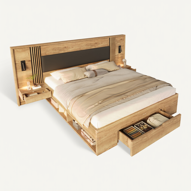 Lit Coffre Double 160x200 Cm - 2 Chevets Tiroirs Liseuse Rangement - Décor Bois Naturel
