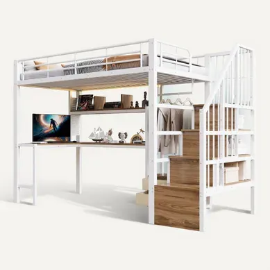 Lit Mezzanine 90x200 Cm Avec Bureau LED 2 Tiroirs Penderie Métal Blanc Et Bois Lit Mezzanine 90x200 Cm Avec Bureau LED 2 Tiroirs Penderie Métal Blanc Et Bois
