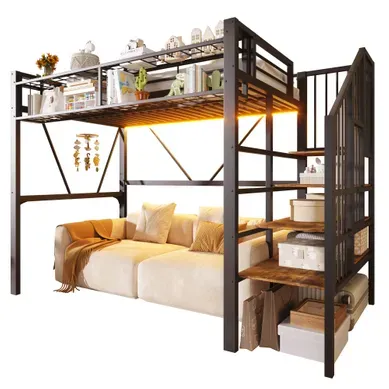 Lit Mezzanine 90x200 Cm Avec étagères, Rangement Ouvert Et LED Métal Noir