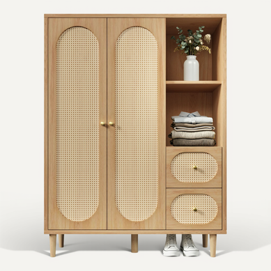 Armoire Penderie 2 Portes 2 Tiroirs 120x44x161 Cm Avec étagères Effet Chêne Cannage Armoire Penderie 2 Portes 2 Tiroirs 120x44x161 Cm Avec étagères Effet Chêne Cannage