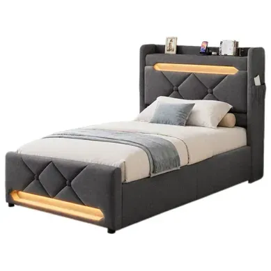 Lit Coffre 90x200 Cm Avec LED 360°, USB-c, Tête De Lit Rangement, Effet Lin Gris