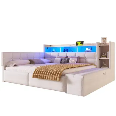 Lit Banquette 140x190cm Avec 2 Tiroirs, USB Et USB-c, Niche Et Banc De Rangement, LED, Velours Blanc