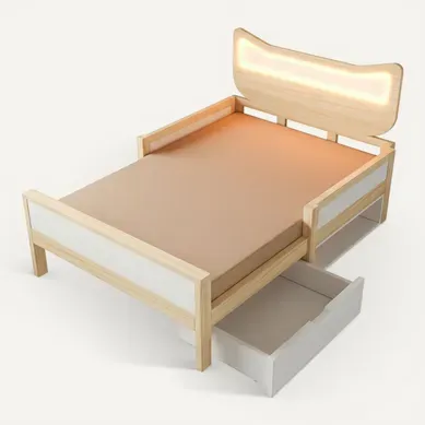 Lit Enfant 90x190 Cm Avec Tête De Lit Chat LED, Tiroir Et Rangement, Bois Blanc Et Chêne
