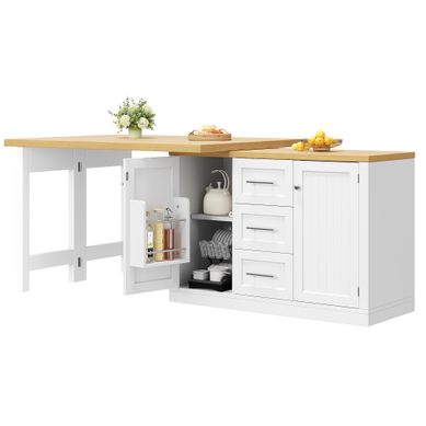 Îlot De Cuisine Multifonction, Plateau Extensible 360°, 3 Tiroirs, étagère Snack, Mdf, Blanc