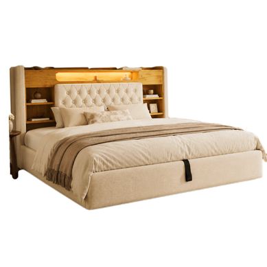 Lit Coffre King Size 180x200 Cm Avec LED, USB-c Et Tête De Lit Rangement, Beige Lit Coffre King Size 180x200 Cm Avec LED, USB-c Et Tête De Lit Rangement, Beige