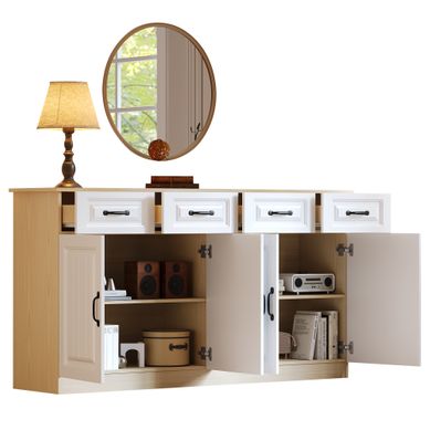 Buffet 160x35x80 Cm Blanc Et Bois, 4 Tiroirs, 4 Portes, Mdf